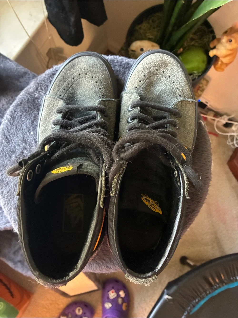 Vans Olive Green and Black High-Top Sneakers with Yellow Logo